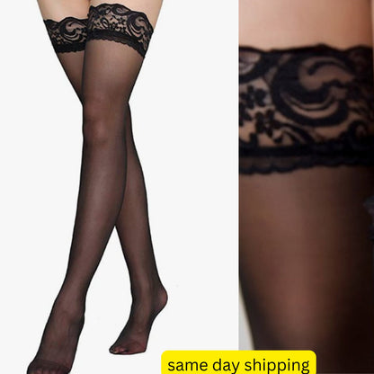 Black sheer thigh high stockings, Pantyhose Stockings with no slip lace ,Thigh high stockings with no slip lace