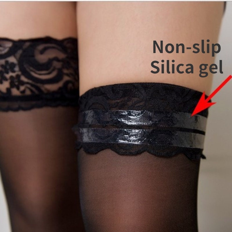 Black sheer thigh high stockings, Pantyhose Stockings with no slip lace ,Thigh high stockings with no slip lace