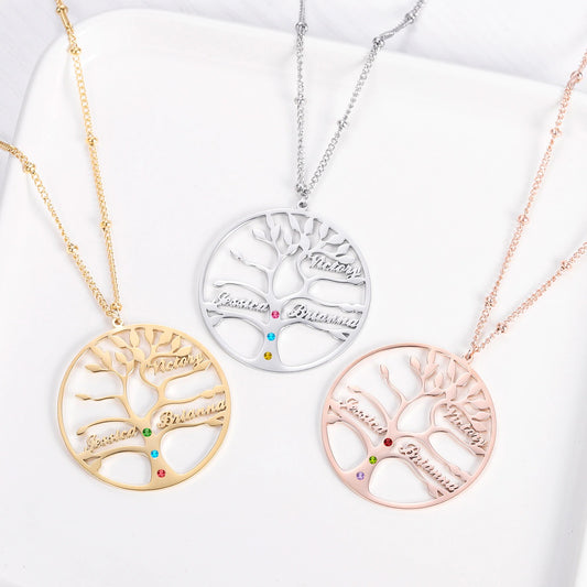 Tree of life family name engraved necklace -Family tree necklace personalized with birthstones