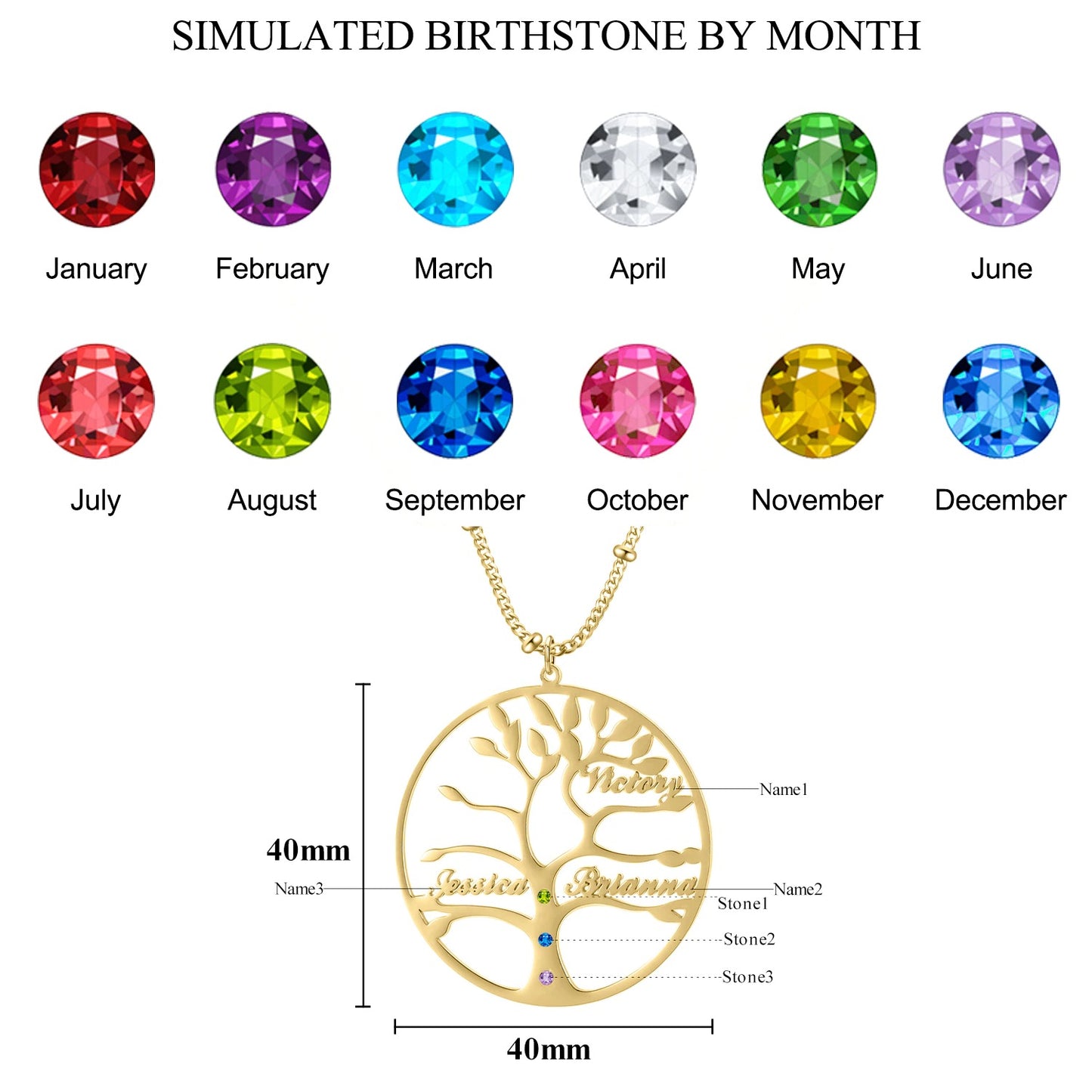 Tree of life family name engraved necklace -Family tree necklace personalized with birthstones