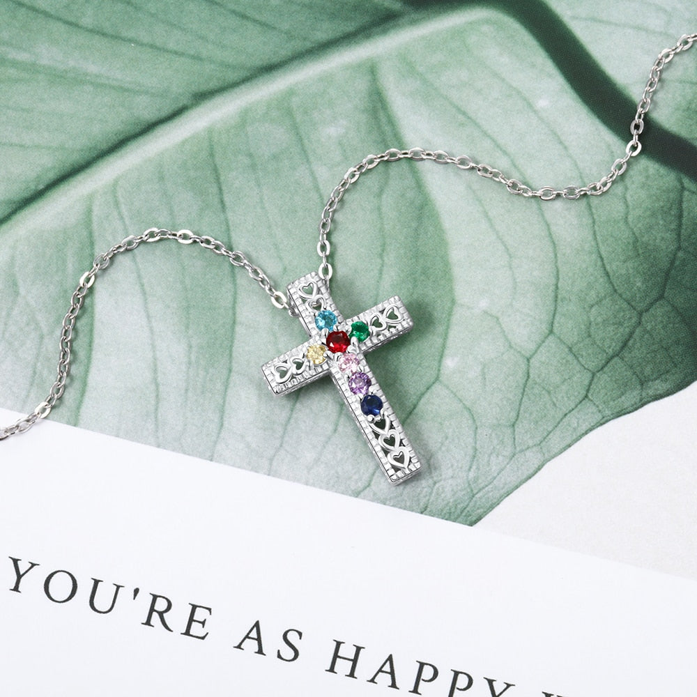 Sterling silver  Cross Necklace with 7 birthstones