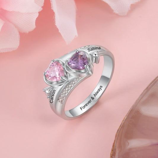 Personalized two Name Engraved  Rings with birthstones