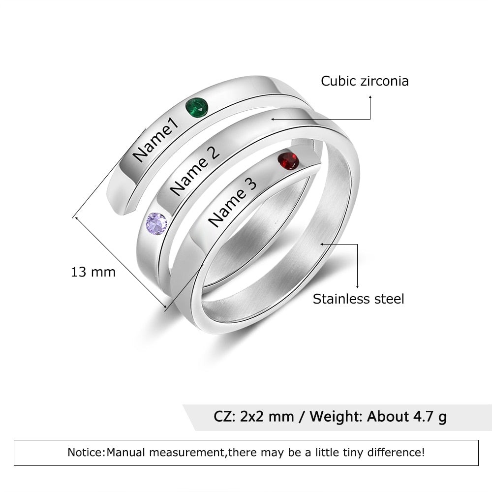 Personalized spiral family ring with birthstones
