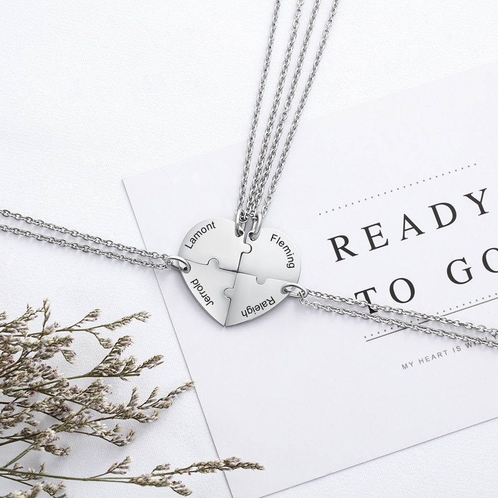 Personalized  heart puzzle necklace for four