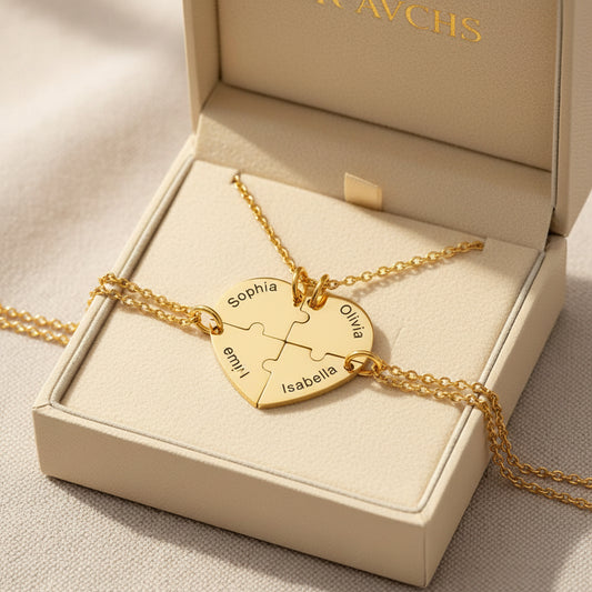 Custom Heart Puzzle Necklace Set – 4 Piece Matching Name & Birthstone Jewelry