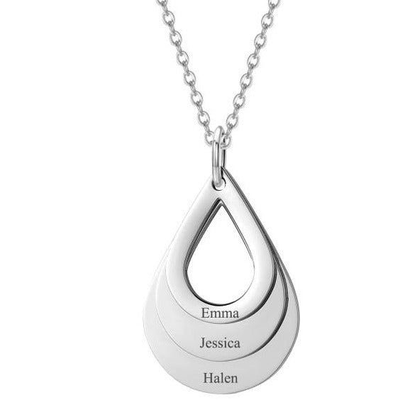 Engraved drop shaped family necklace