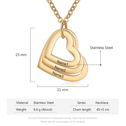 Personalized Engraving 3 Names Heart Pendant Necklace