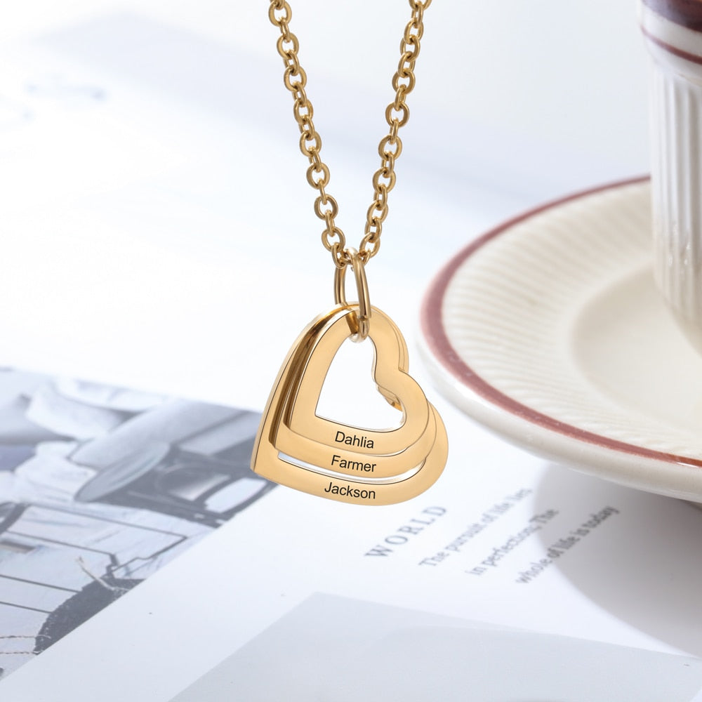 Personalized Engraving 3 Names Heart Pendant Necklace
