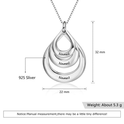 3 Names Engraved Drop Shaped Pendant in Silver Sterling