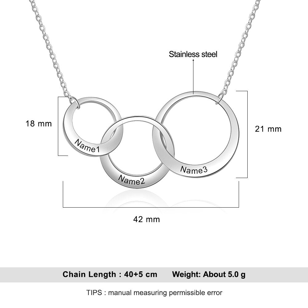 Engraved Family Circle Necklace,Personalized Family Interlocked Circle Necklace