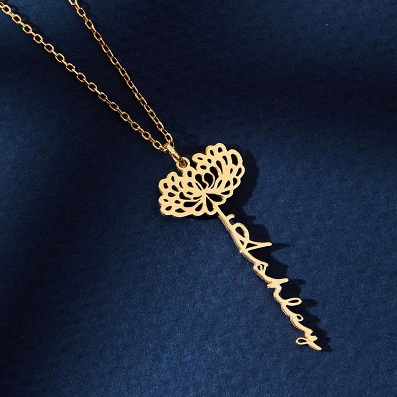 Personalized Name Necklace with Birth Flower,Birth Month Flower Name necklace,Floral Name Necklace