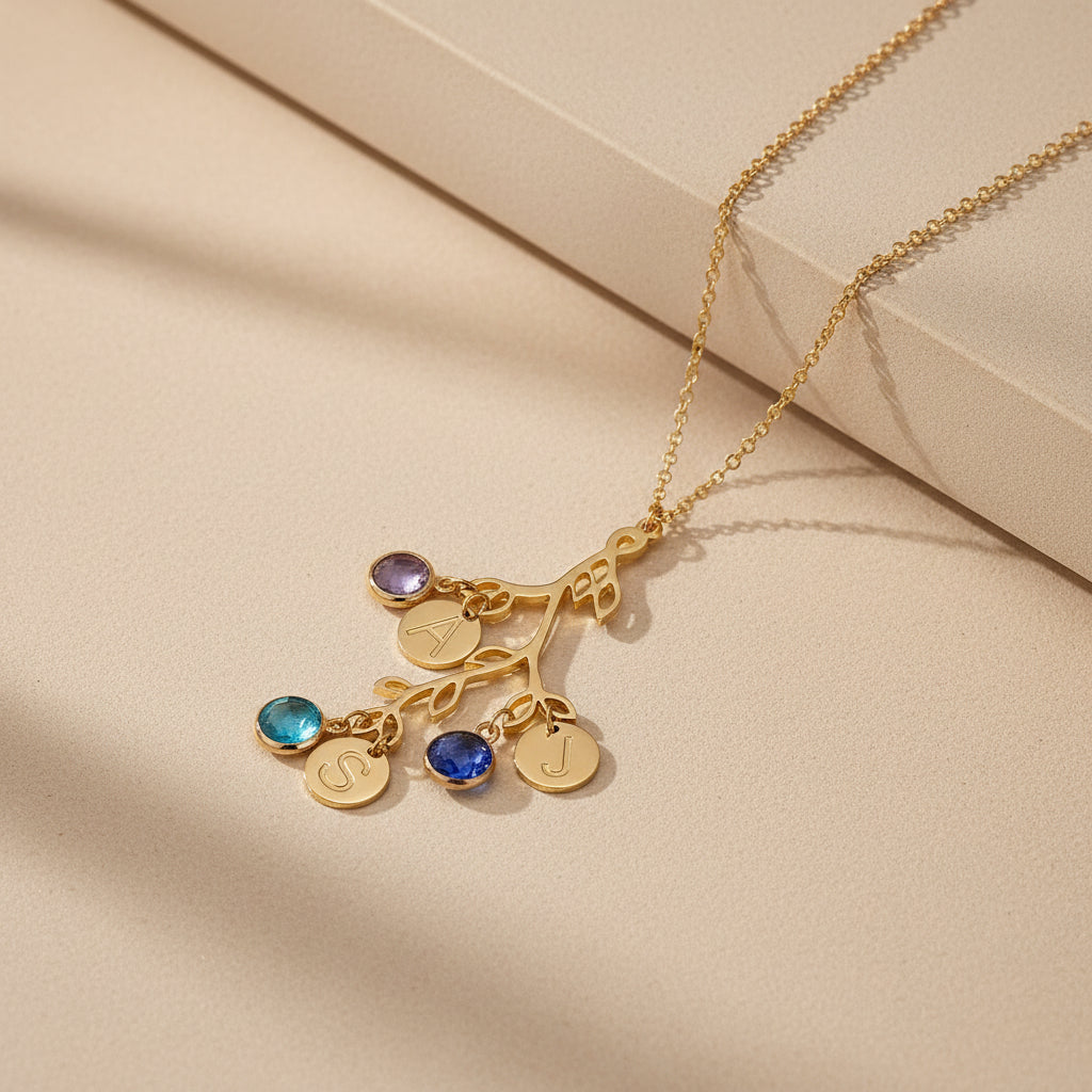 initial necklace with many charms and birthstone
