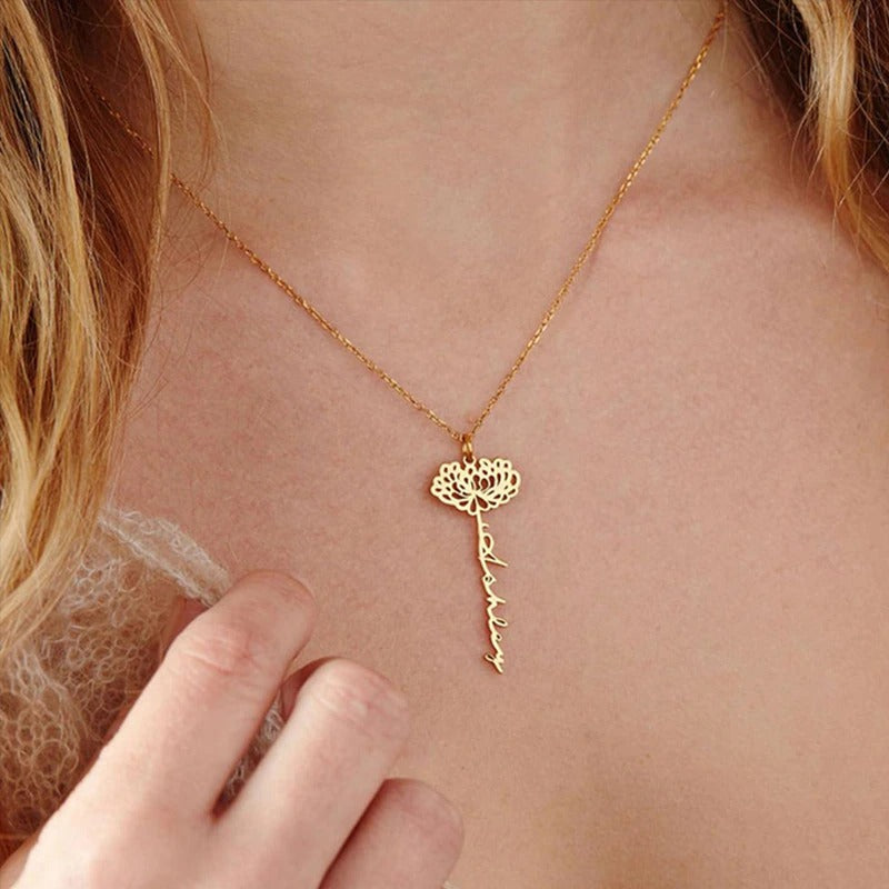 Personalized Name Necklace with Birth Flower,Birth Month Flower Name necklace,Floral Name Necklace
